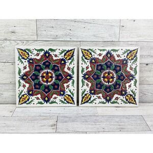 Set of 2 Nassos Keramik Ceramic Tile Decorative Trivet Hand Made In Greece